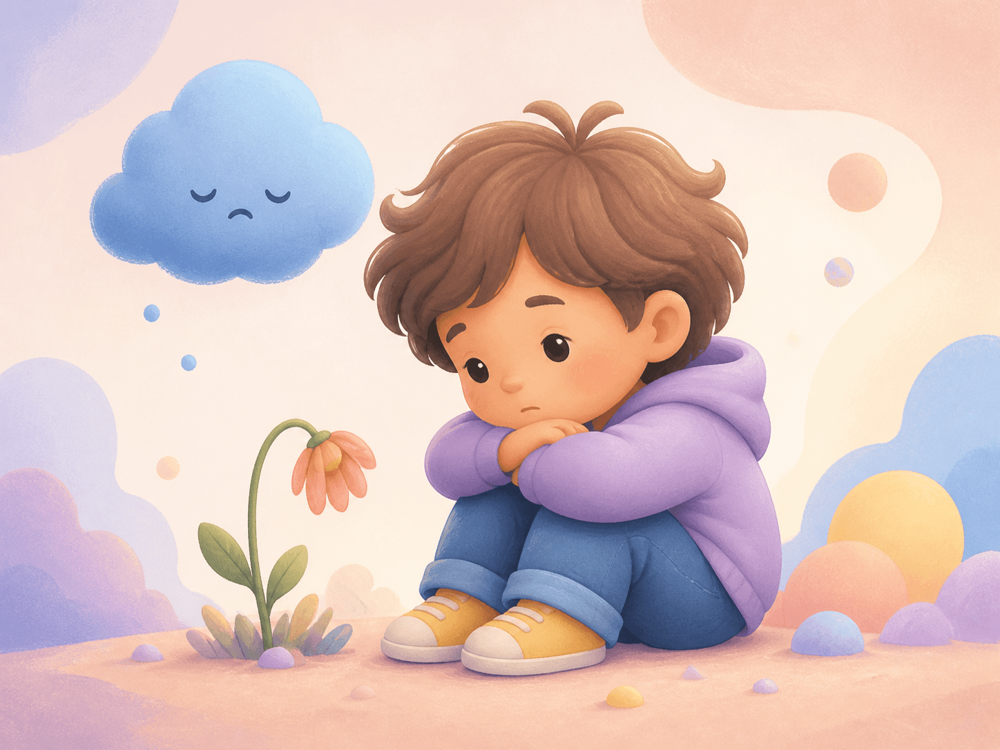 Üzgün ve içine kapanık bir çocuğu anlatan pastel illüstrasyon
