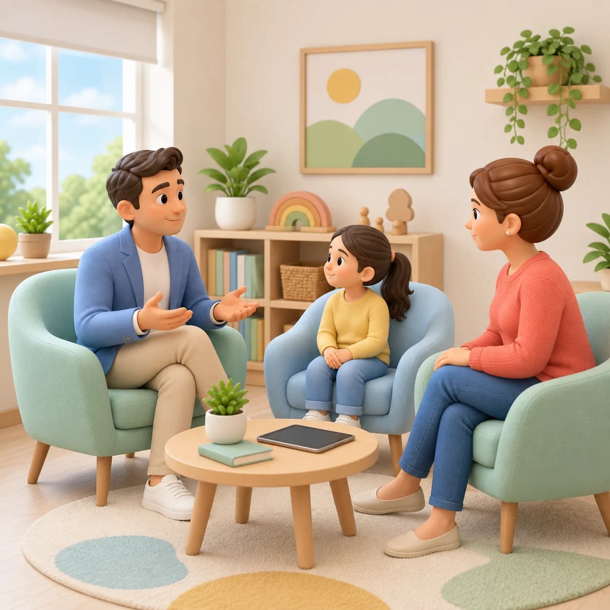 Ekran sınırı ve aile rutini hakkında anne ve çocukla yapılan görüşmeyi temsil eden 3D illüstrasyon