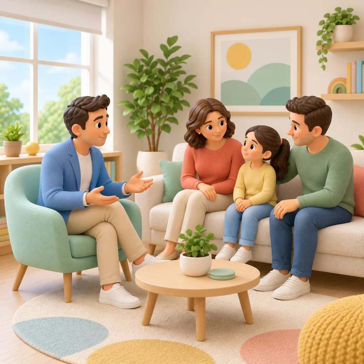 Anne, baba ve çocuğun birlikte dinlendiği aile içi iletişim görüşmesini temsil eden 3D illüstrasyon