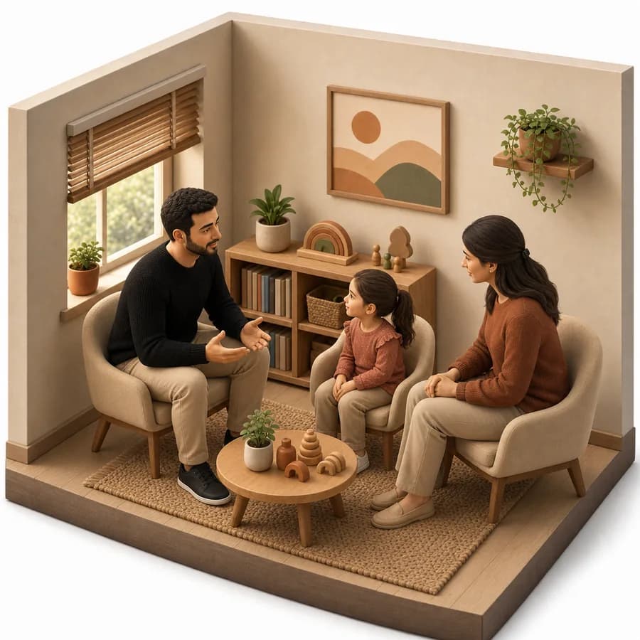 Çocuklarda ekran sınırı ve aile rutini görüşmesini temsil eden üç boyutlu oda